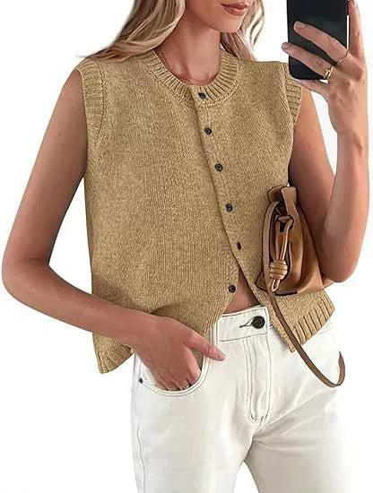 Women's Casual Knitted Vest with Button Placket and Round Neck Lune London