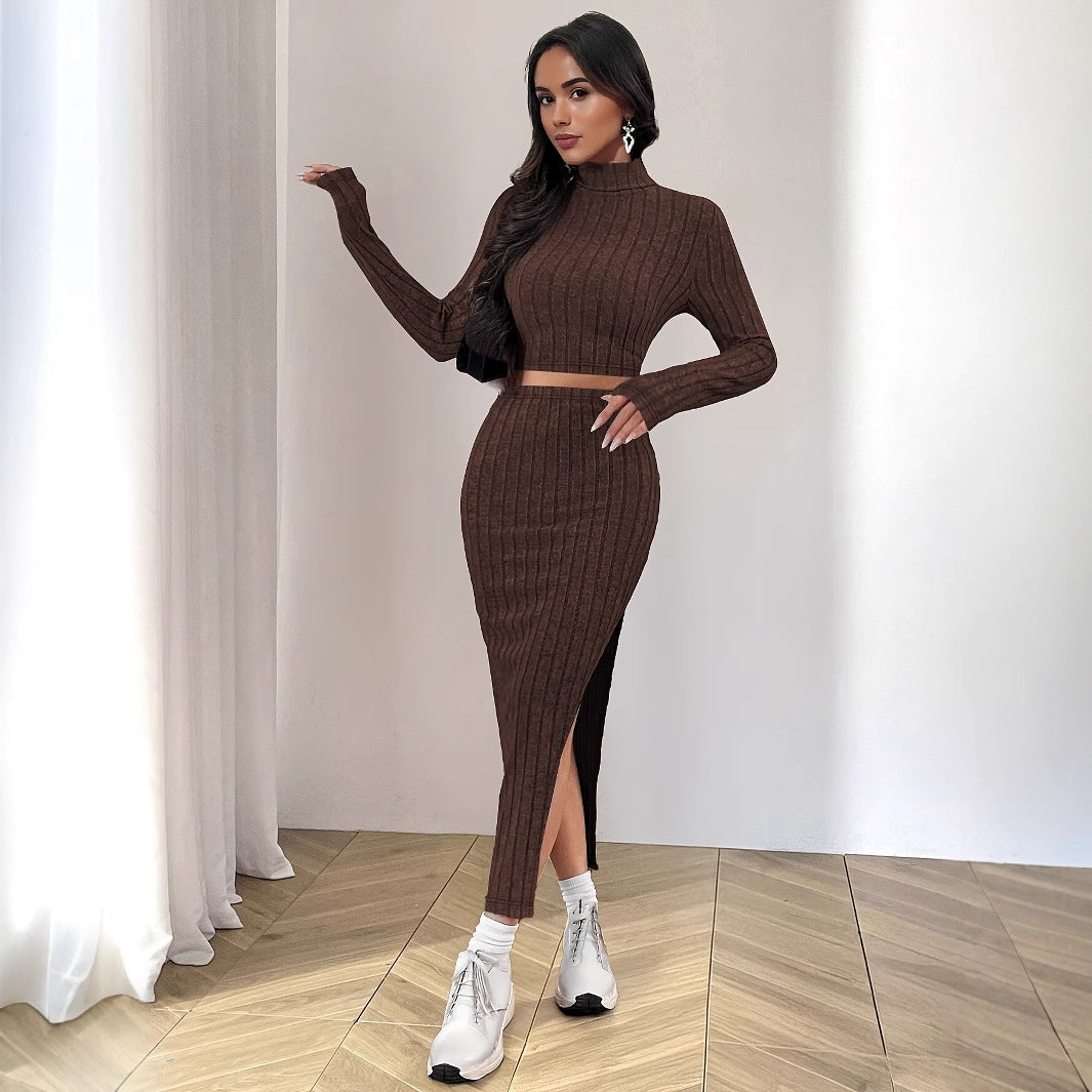 Striped midi dress for women with high collar and slit Lune London