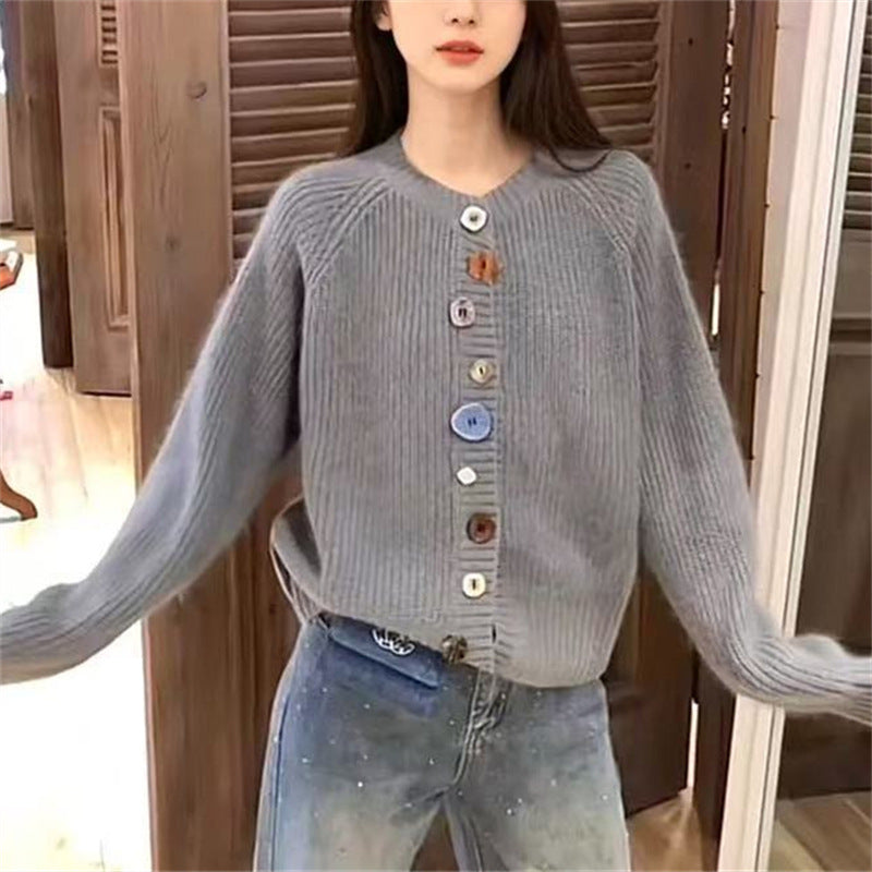 Knitted jacket for women with colorful button details and a high collar Lune London