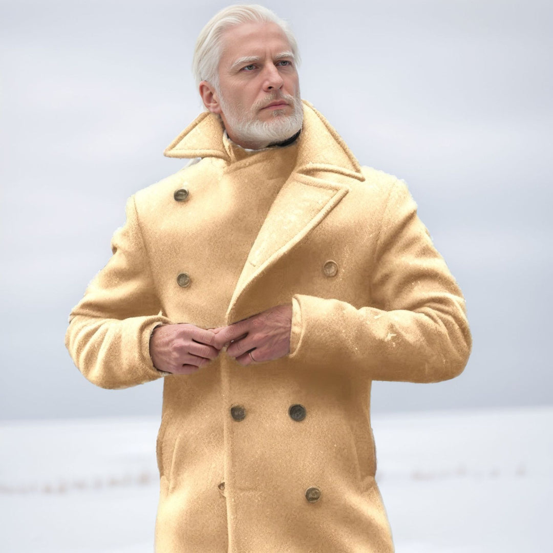Elegant double-breasted wool coat for men with textured superior material Lune London