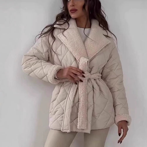 Ladies quilted winter coat with soft lining and belt Lune London