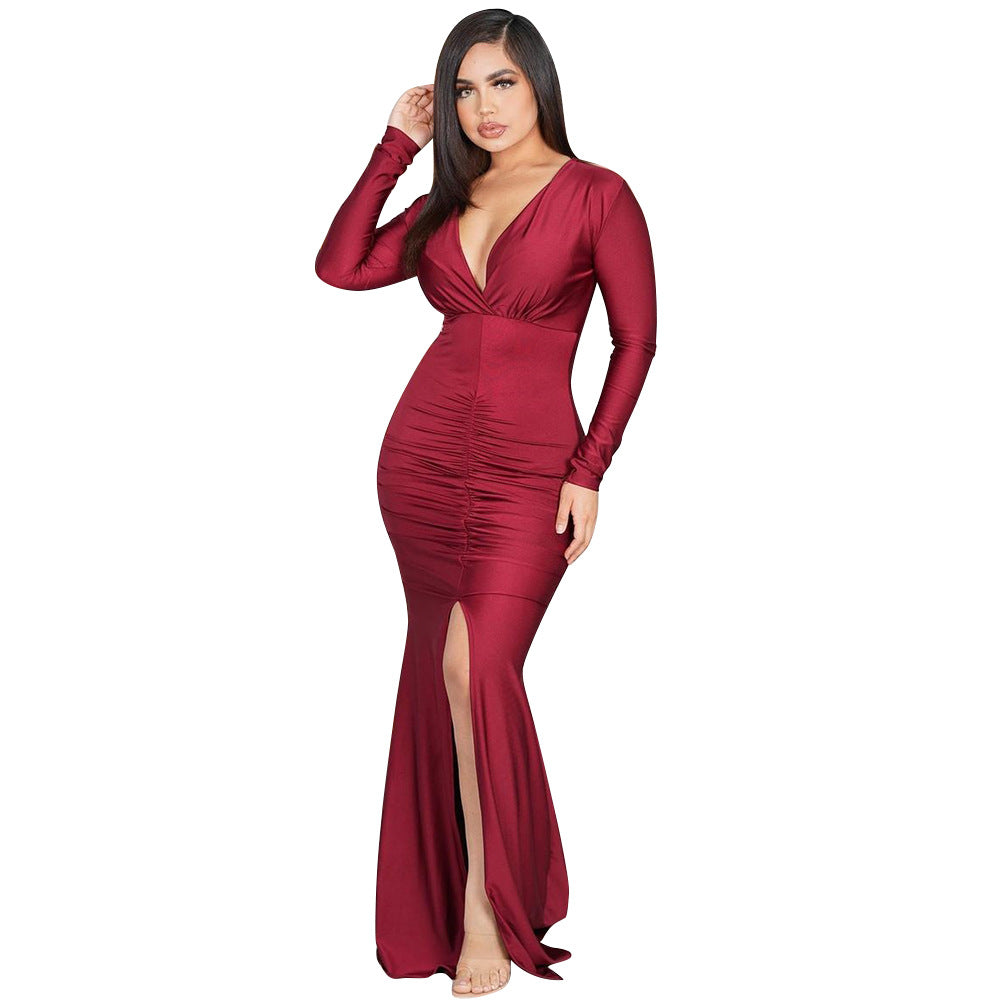 Chic and stylish evening dress for ladies with high slit and ruffles