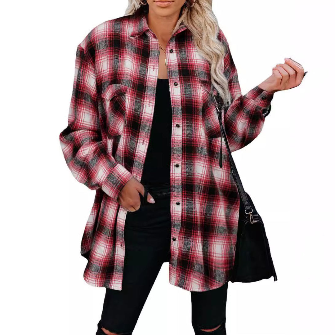 Cotton flannel shirt for women with plaid pattern and chest pockets Lune London