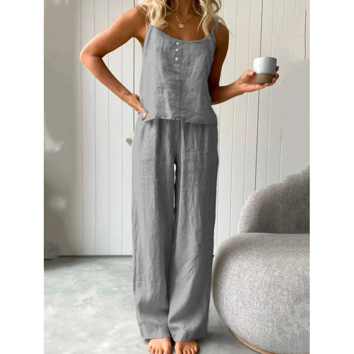 Casual linen set for women with strapless blouse and wide leg pants Lune London