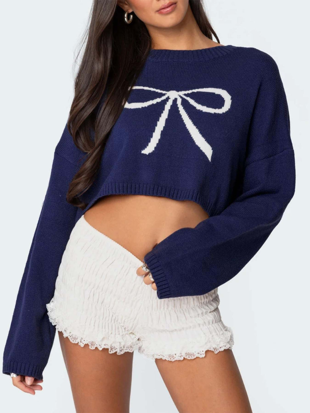 Women casual short sweater with decorative bow pattern Lune London