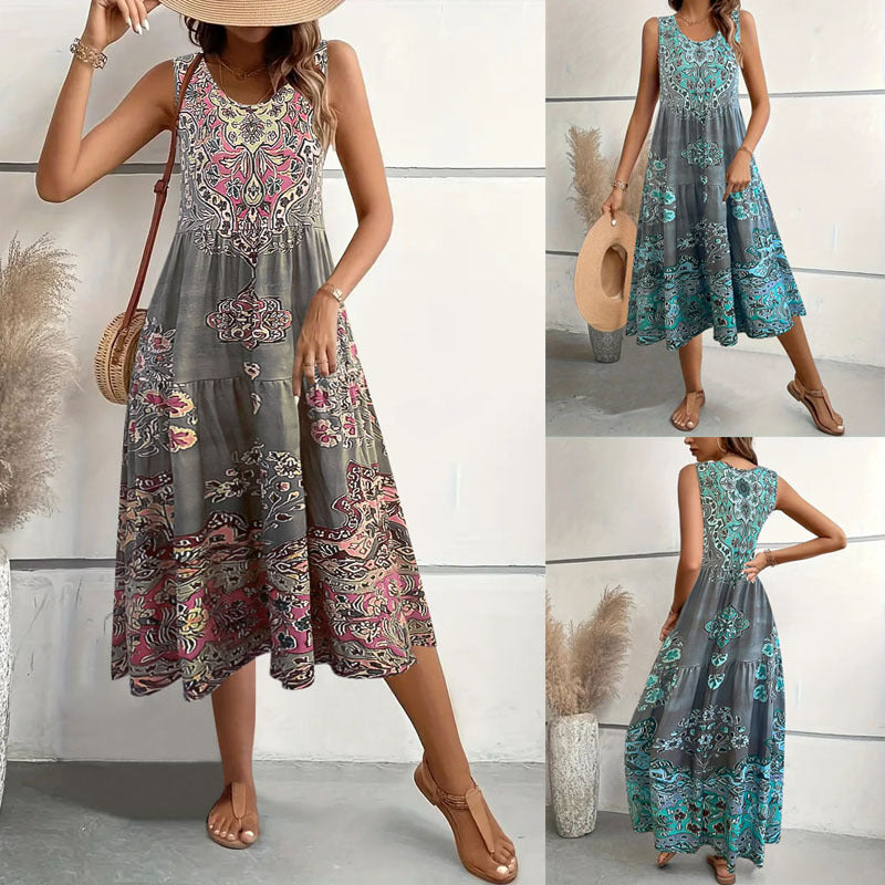 Maxi dress for women with playful ethnic pattern and fluid cut Lune London