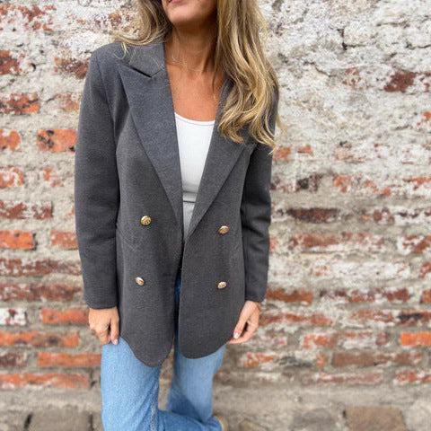 Ladies Elegant Double-Breasted Blazer with Textured Fabric and Gold Buttons Lune London