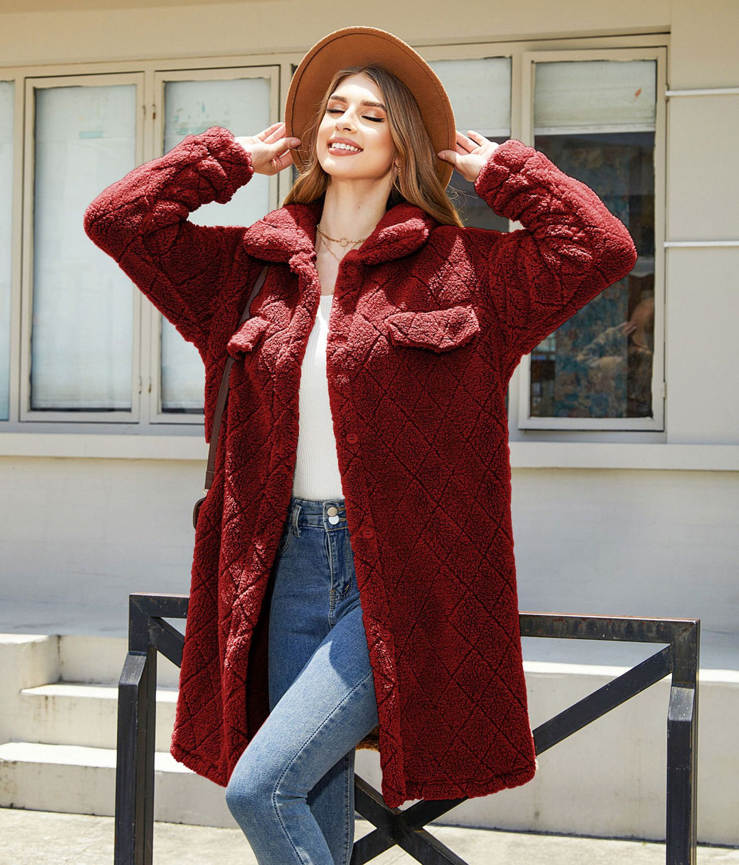 Oversized plush coat for women with large pockets and textured design Lune London