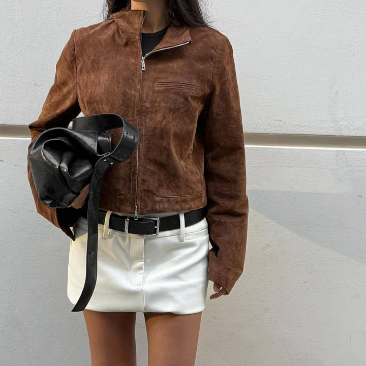 Women's suede jacket with modern high collar Lune London