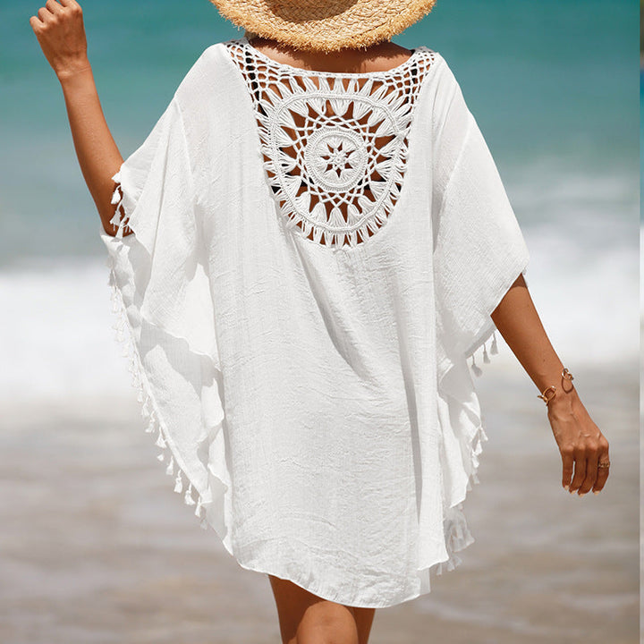 Women's beach tunic with artistic crochet design and fringed hems Lune London