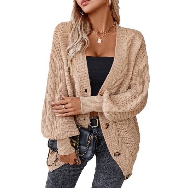 Knitted women's jacket with cable design and gold button details Lune London