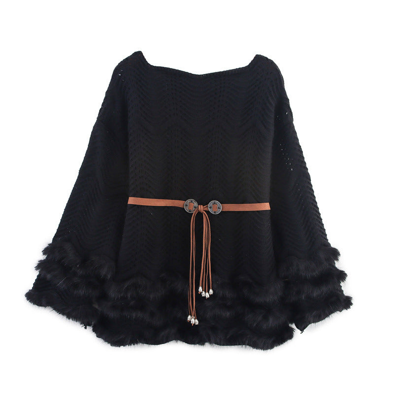 Ladies elegant cardigan with decorative belt and fur finish Lune London