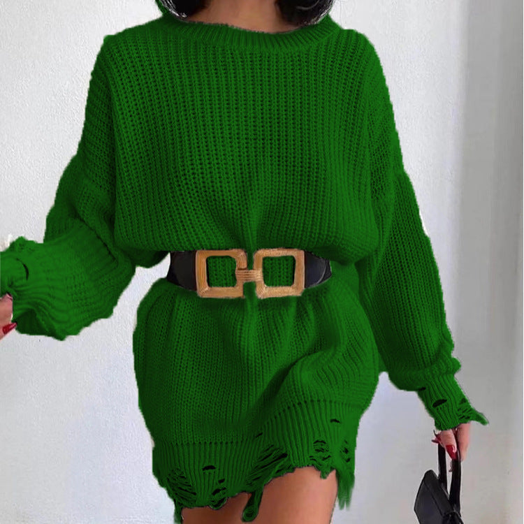 Knitted dress for women with asymmetric hem and trendy belt Lune London