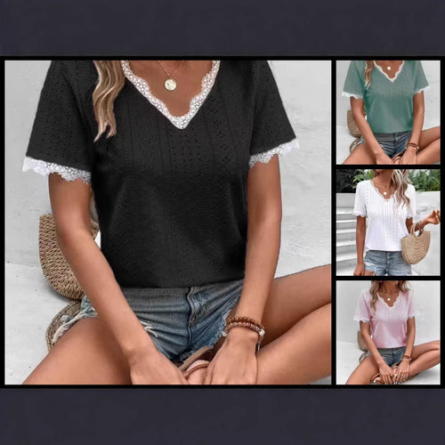 Women's Breathable Lace Top with V-Neck and Decorative Crochet Sleeves Lune London