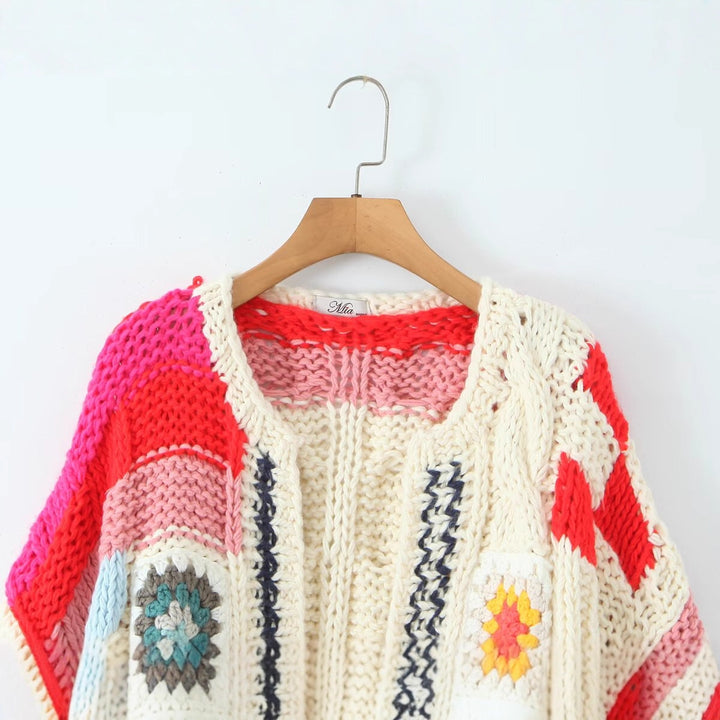 Trendy knitted jacket for women with colorful crochet patterns Lune London