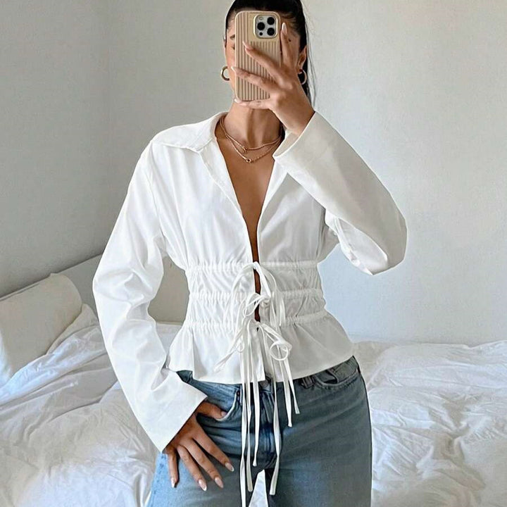Lune London zip-up blouse for women with gathers and long sleeves