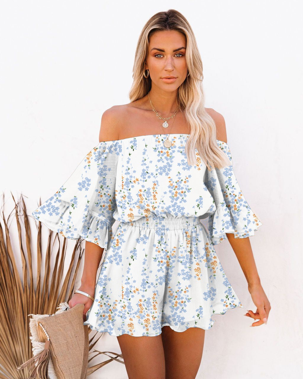 Women Off-Shoulder Short Jumpsuit with Puffy Sleeves Chic & Stylish