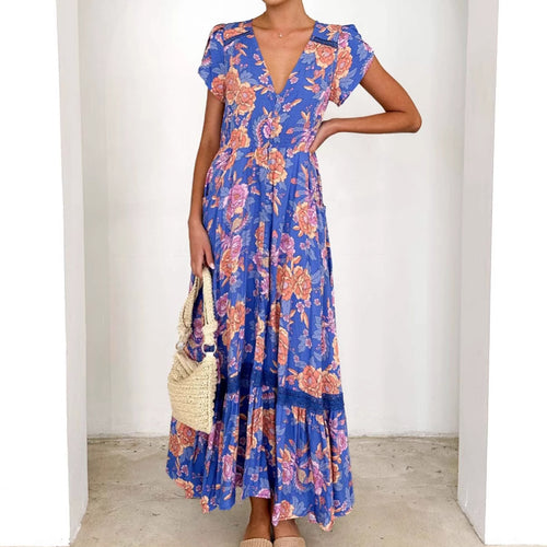 Maxi dress for women with floral pattern and deep V-neck Chic & Stil