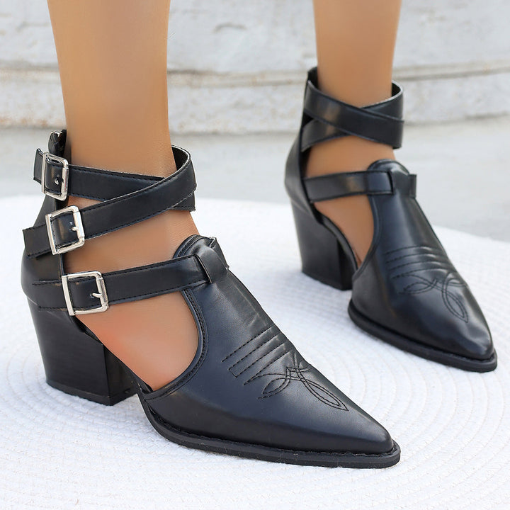 High-heeled ankle boots for women with unique straps and a decorated heel Lune London