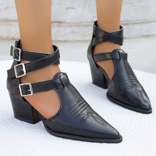 High-heeled ankle boots for women with unique straps and a decorated heel Lune London