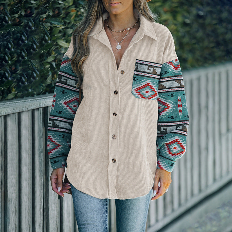 Casual women's shirt with a trendy ruffled design and colorful sleeves Lune London