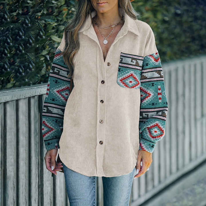 Casual women's shirt with a trendy ruffled design and colorful sleeves Lune London