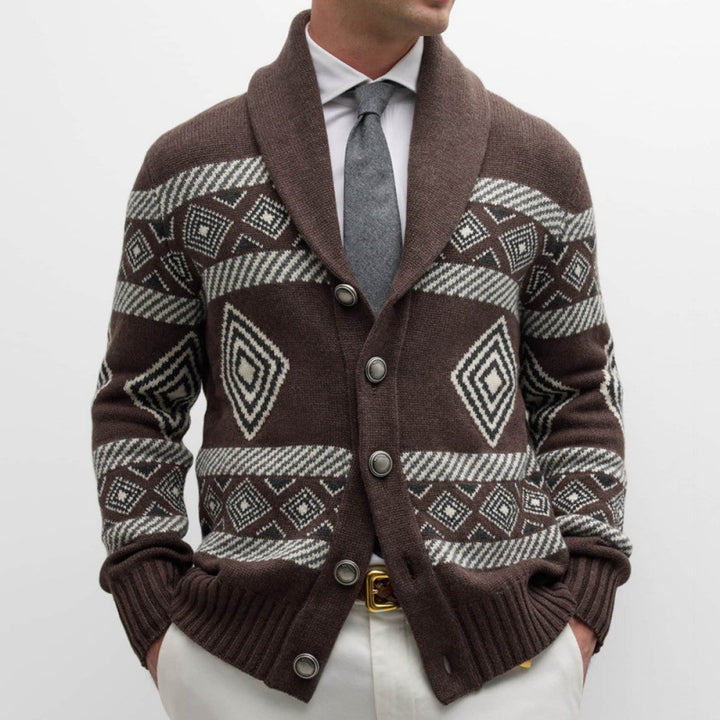 Men's knit jacket with a modern graphic pattern and a classic collar Lune London