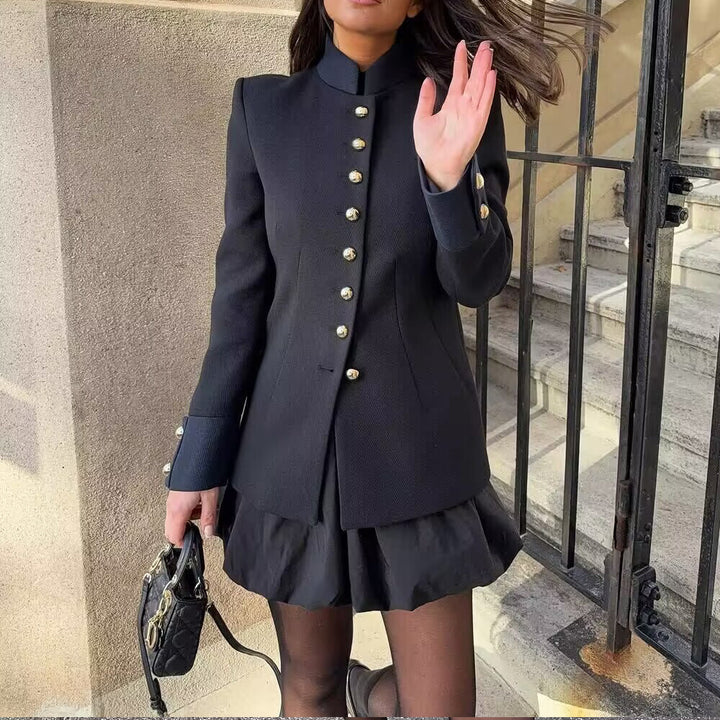 Elegant women's quilted jacket with high collar and gold buttons Lune London