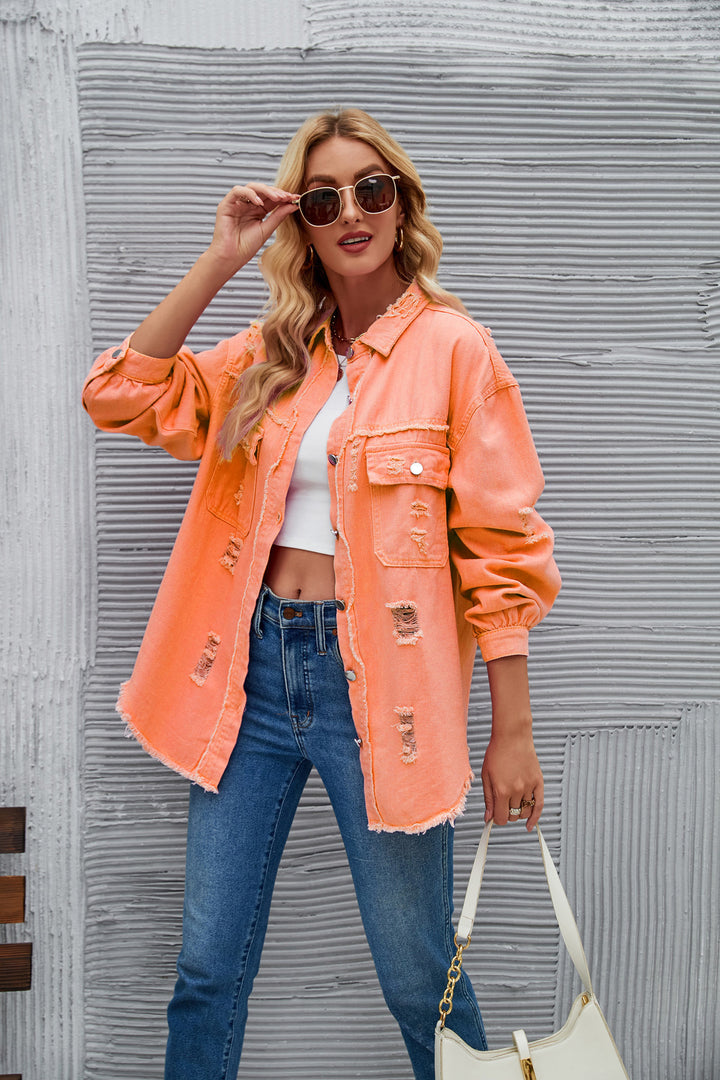 Oversized denim jacket for women with modern distressed details Lune London