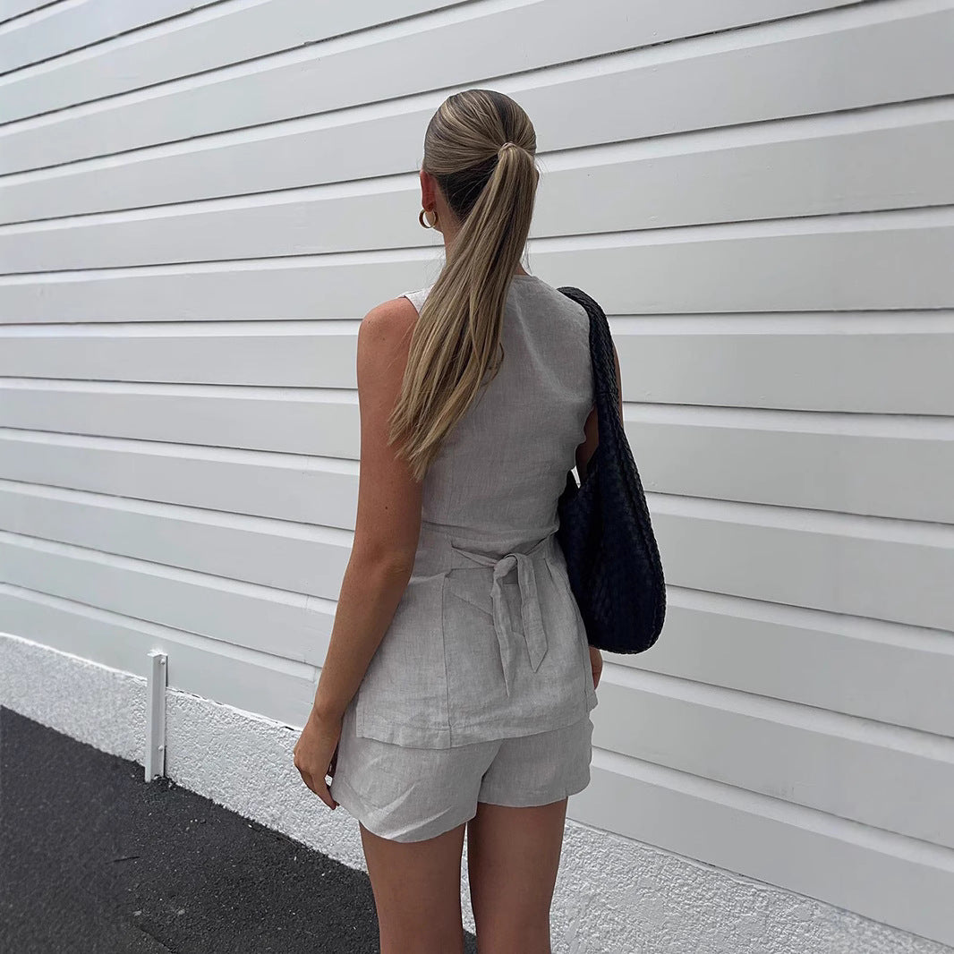 Ladies Elegant Linen Blouse with Chic Shorts Set and Style