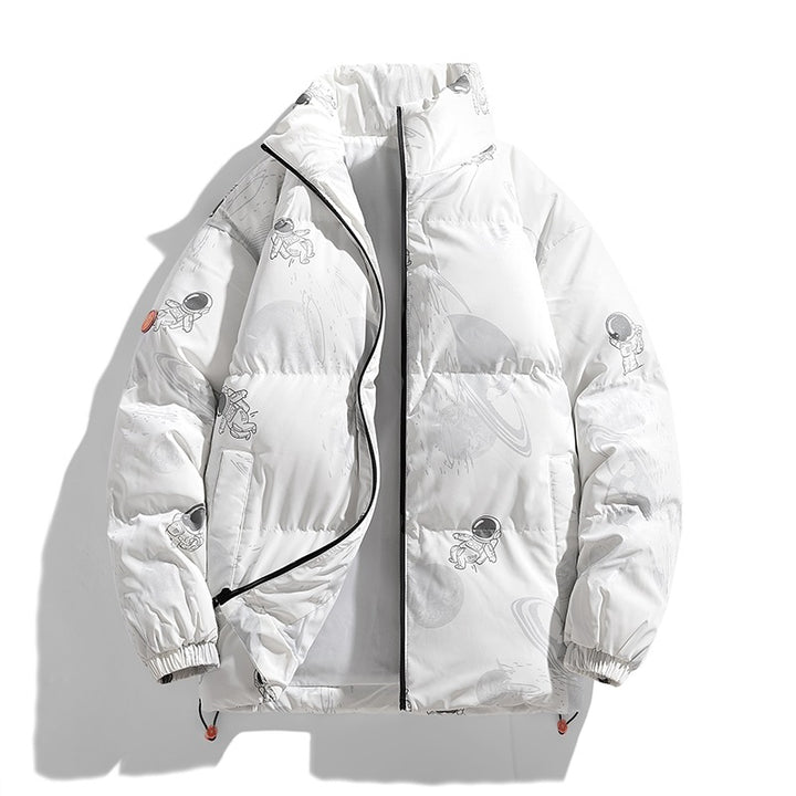 Ladies futuristic quilted jacket with astronaut patterns Lune London