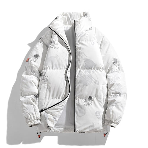 Ladies futuristic quilted jacket with astronaut patterns Lune London