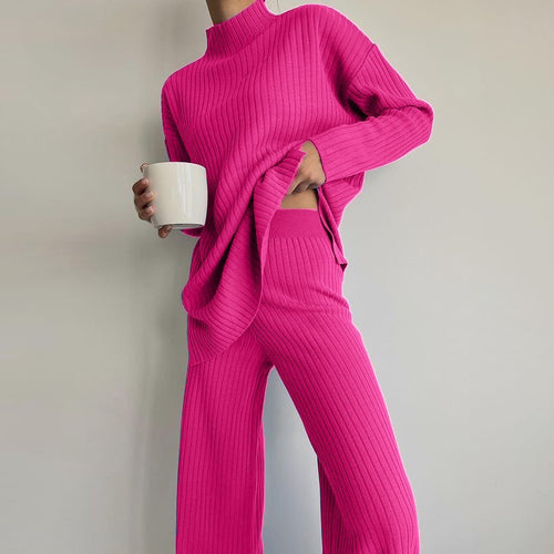 Knitted loungewear set for women with high collar and wide leg Lune London