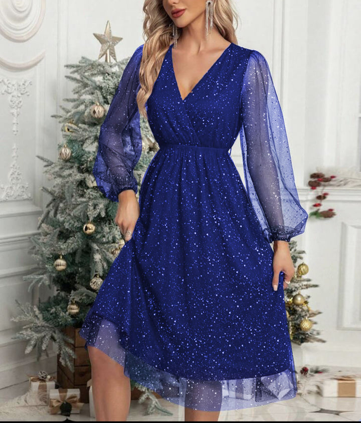 Glamorous midi dress for women with transparent puff sleeves and a sparkling sequin pattern Lune London