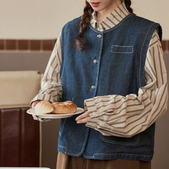 Gilet en denim pour femmes avec fermeture à boutons et poches Chic & Stil