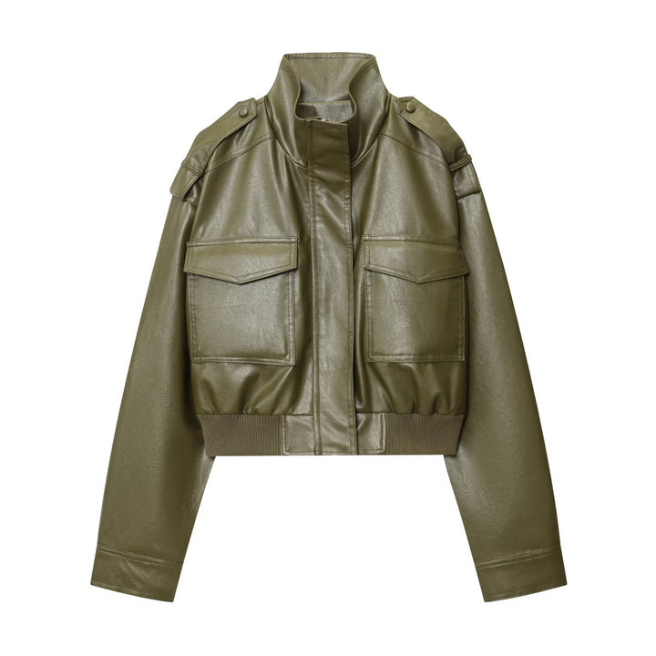 Cropped faux leather jacket for women with practical pockets and high collar Lune London