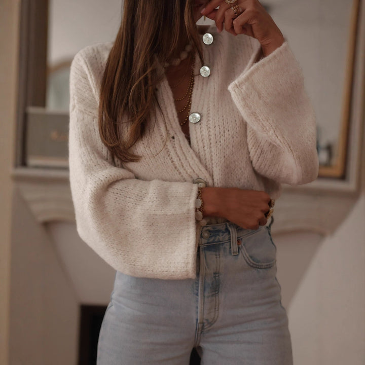 Ladies comfortable pullover with oversized sleeves and elegant pearl buttons Lune London