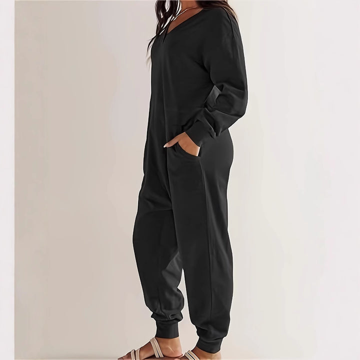 Ladies casual jumpsuit with practical pockets and elegant V neckline Lune London