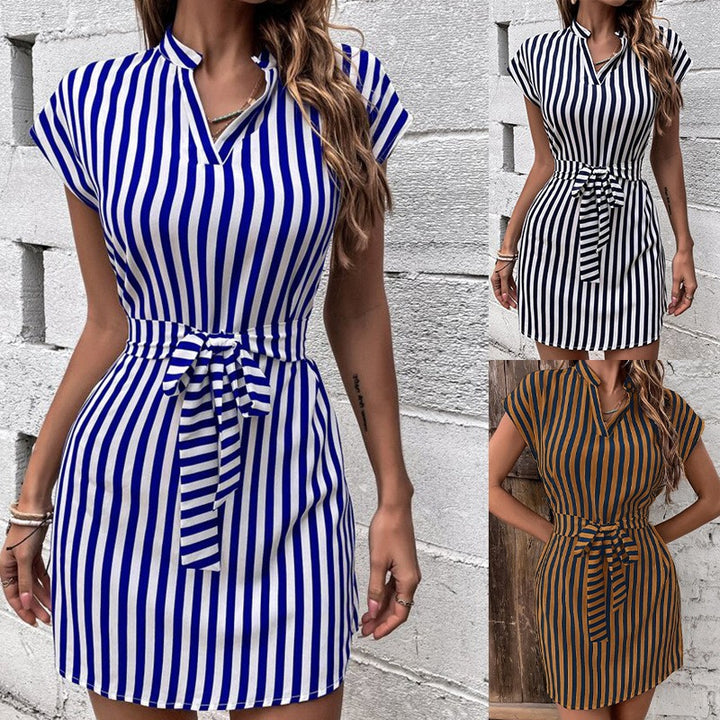 Trendy short-sleeved short dress for women with a slim belt at the waist and a fashionable striped pattern Lune London