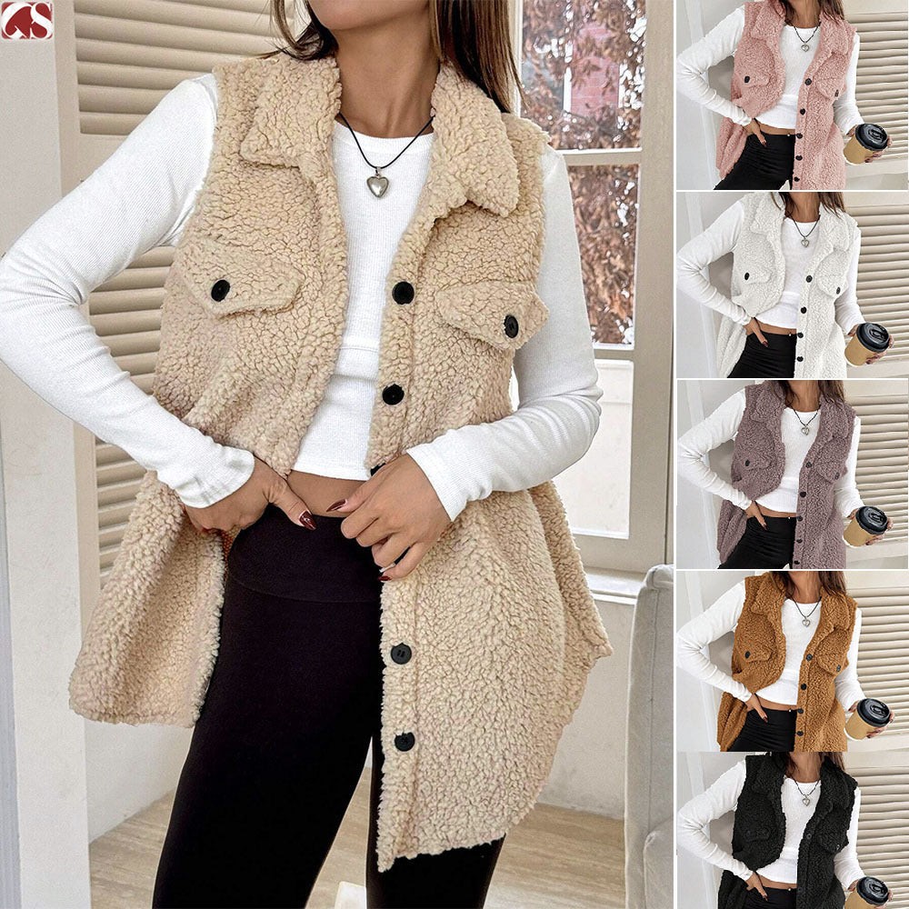 Women Plush Gilet with Large Pockets and Elegant Collar Lune London