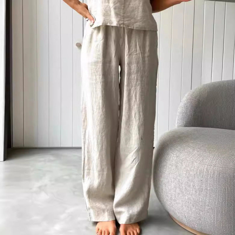 Casual linen set for women with strapless blouse and wide leg pants Lune London