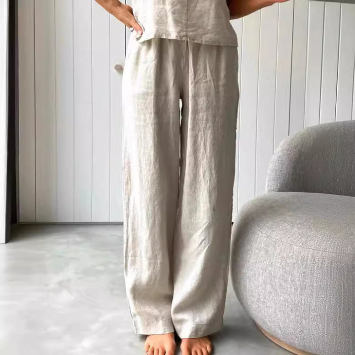 Casual linen set for women with strapless blouse and wide leg pants Lune London