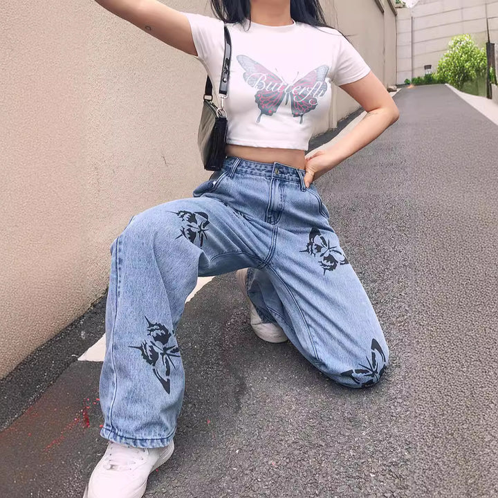 Ladies wide jeans with eye-catching butterfly print Lune London