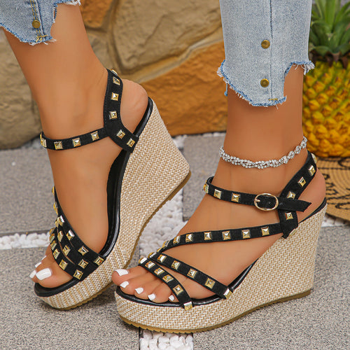 Wedge sandals for women with elegant studs and a braided heel Lune London