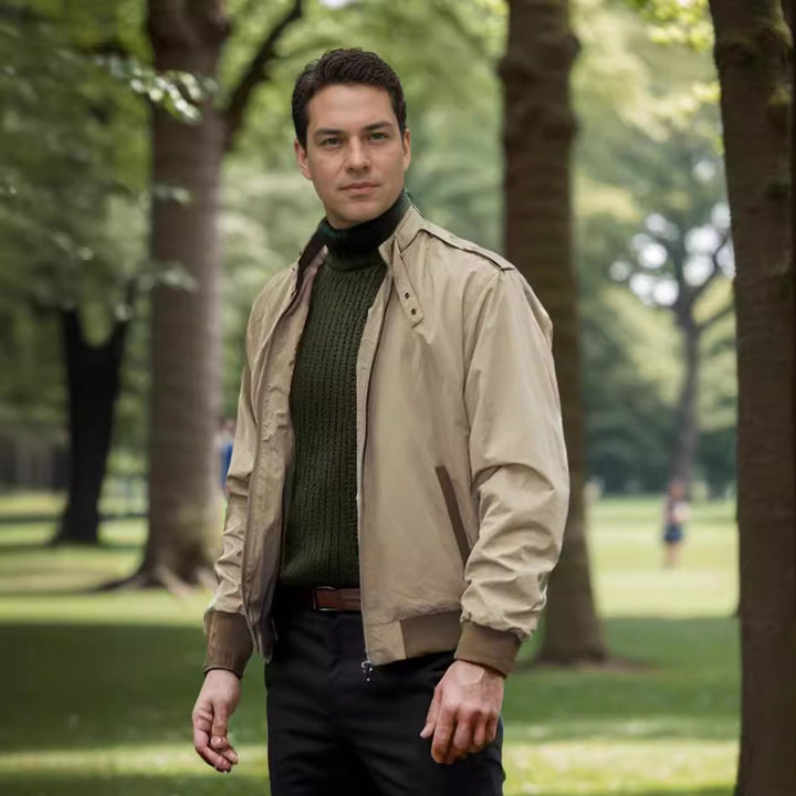 Lightweight transition jacket for men with high collar and side pockets Lune London