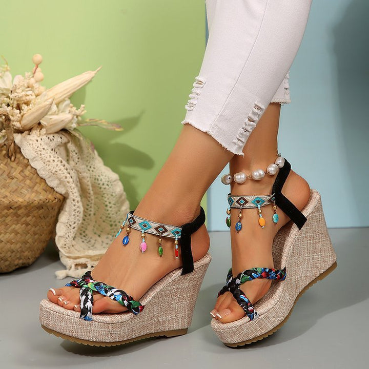 Wedge heel sandals for women with a colorful geometric pattern and elegant straps Lune London