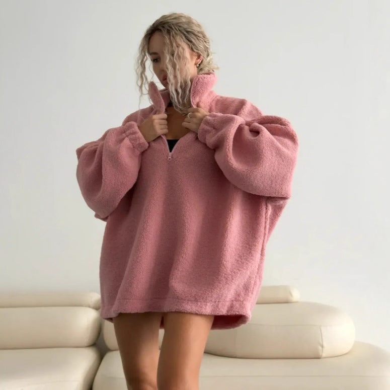 Ladies Oversized Fleece Hoodie with high collar and full zipper Lune London