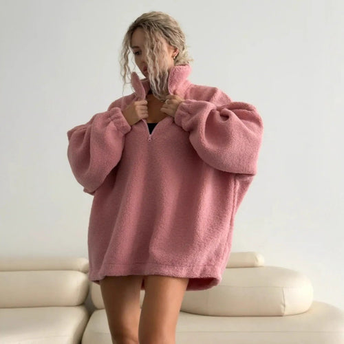 Ladies Oversized Fleece Hoodie with high collar and full zipper Lune London