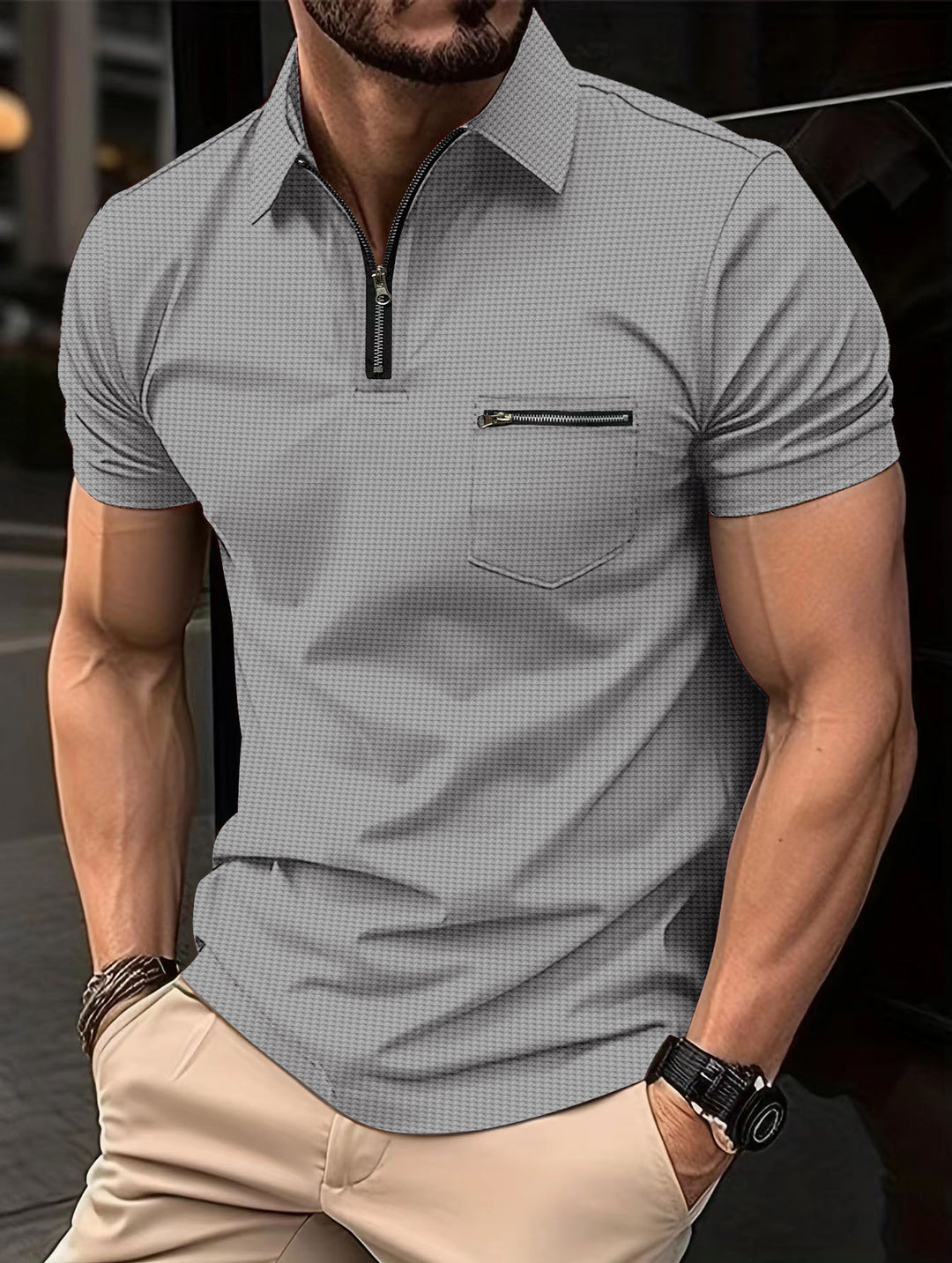 Homme Moderne Short Sleeve Polo Shirt with Chic Zipper Closure and Style
