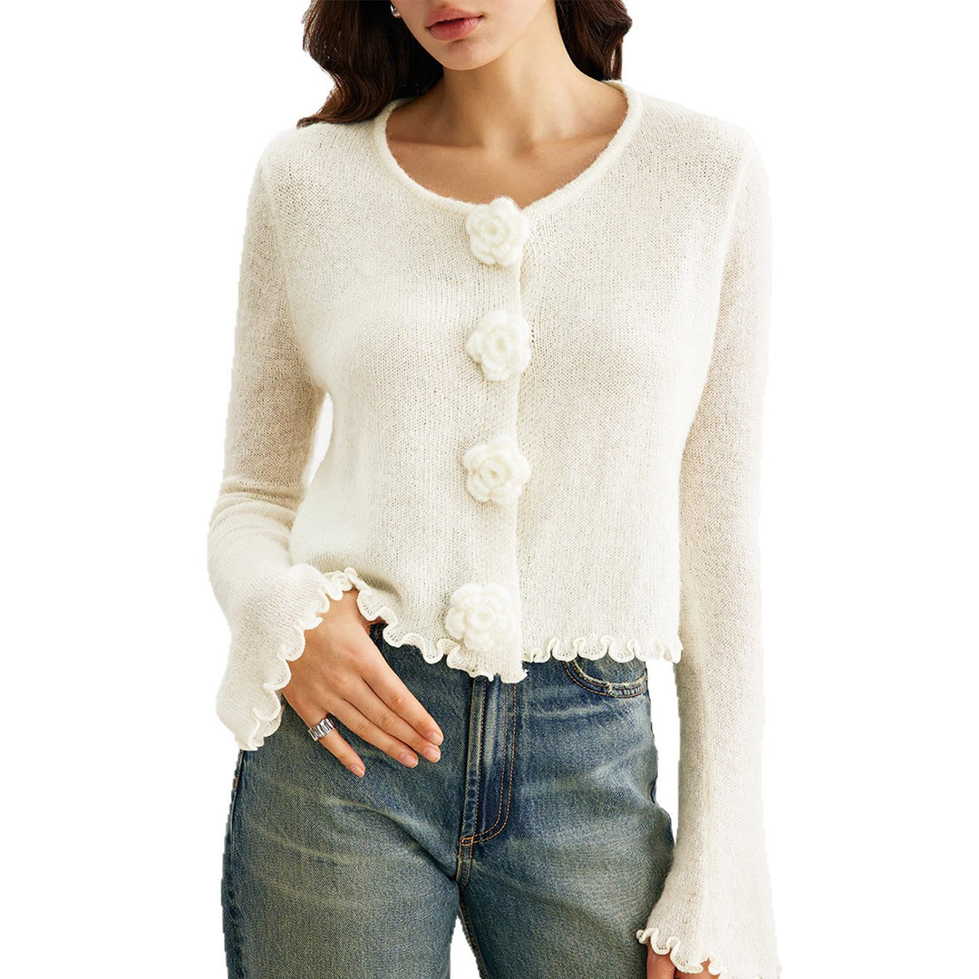 Ladies short knitted jacket with decorative floral button Lune London